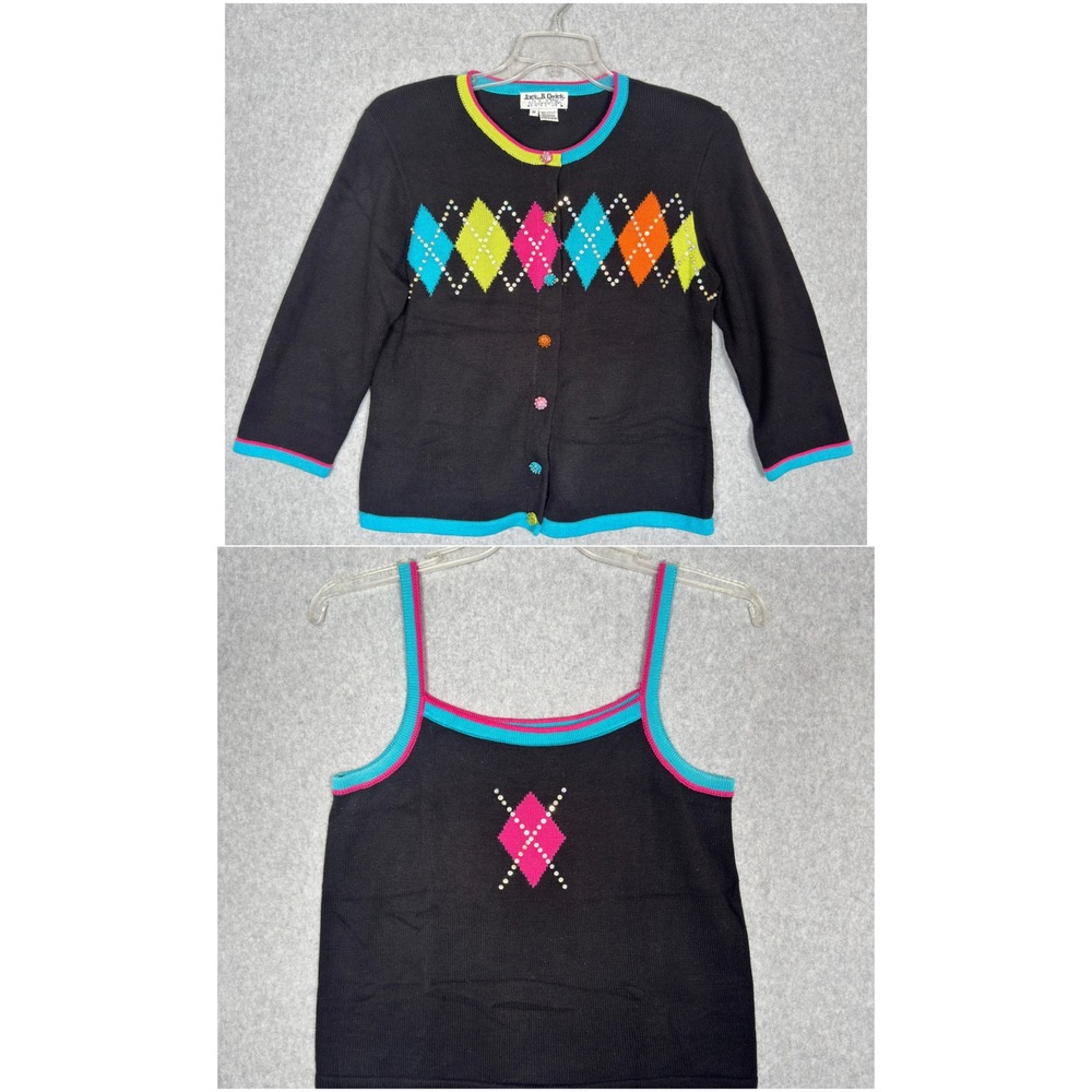 Jack B Quick Argyle Cardigan Set Tank Top Black Knit Rhinestones Neon Black Sz M